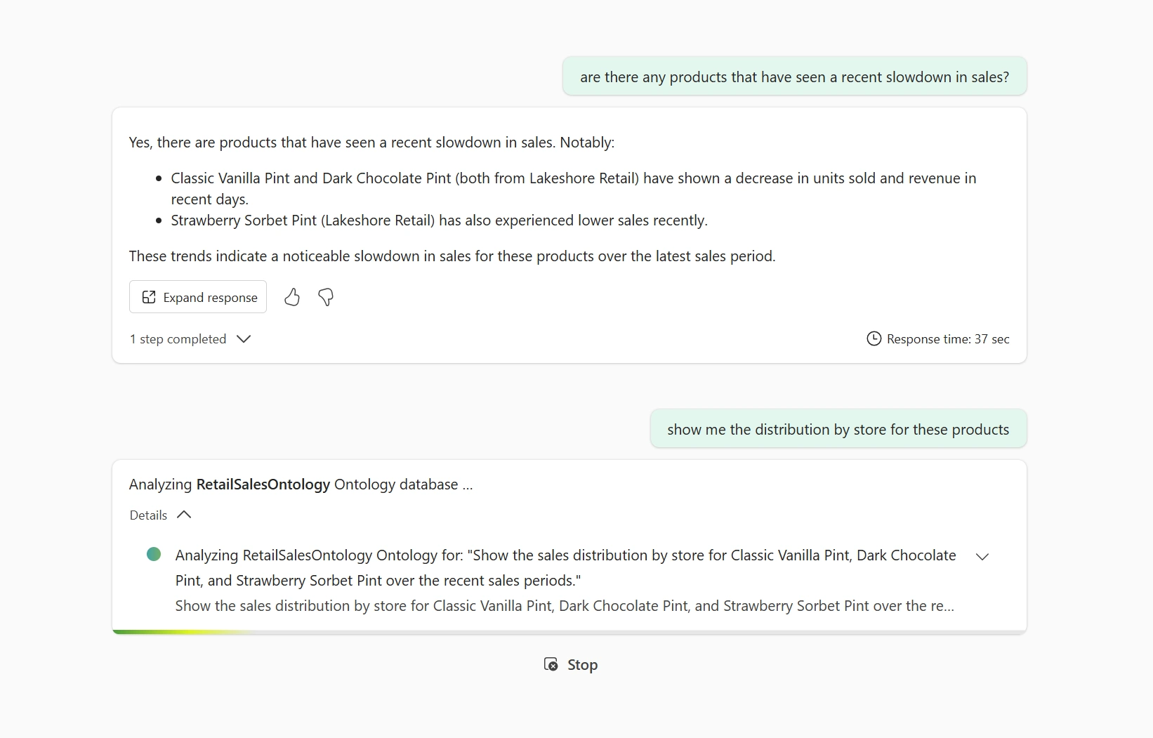 Agente de dados do Fabric a responder a perguntas em linguagem natural sobre vendas de produtos de retalho